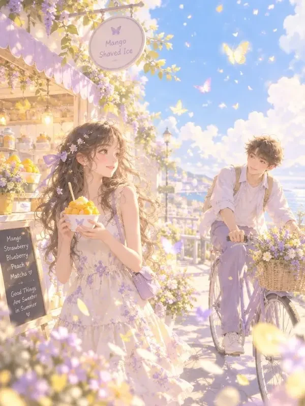 红果官网《半夏微甜》封面，夏日甜品店的青春治愈甜宠插画