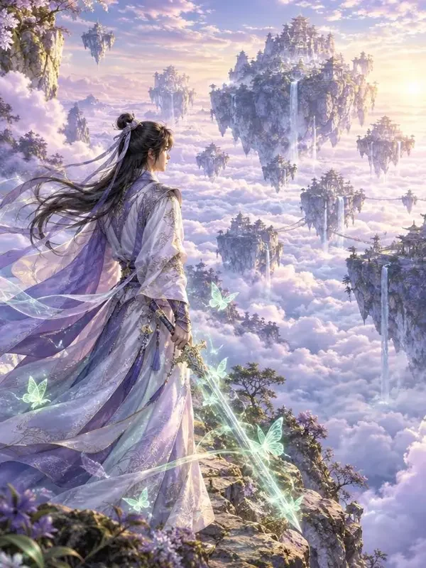 红果官网《执剑赴山海》封面，仙侠少年御剑山海的恢弘画面
